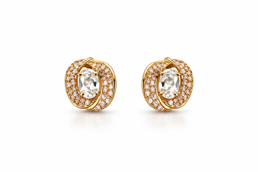 Gold Oval Crystal Halo Stud Earrings