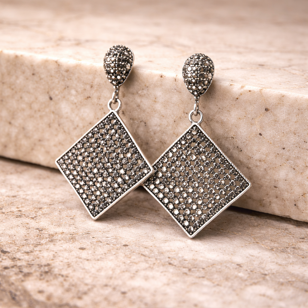 Vintage Marcasite Diamond Shape Drop Earrings