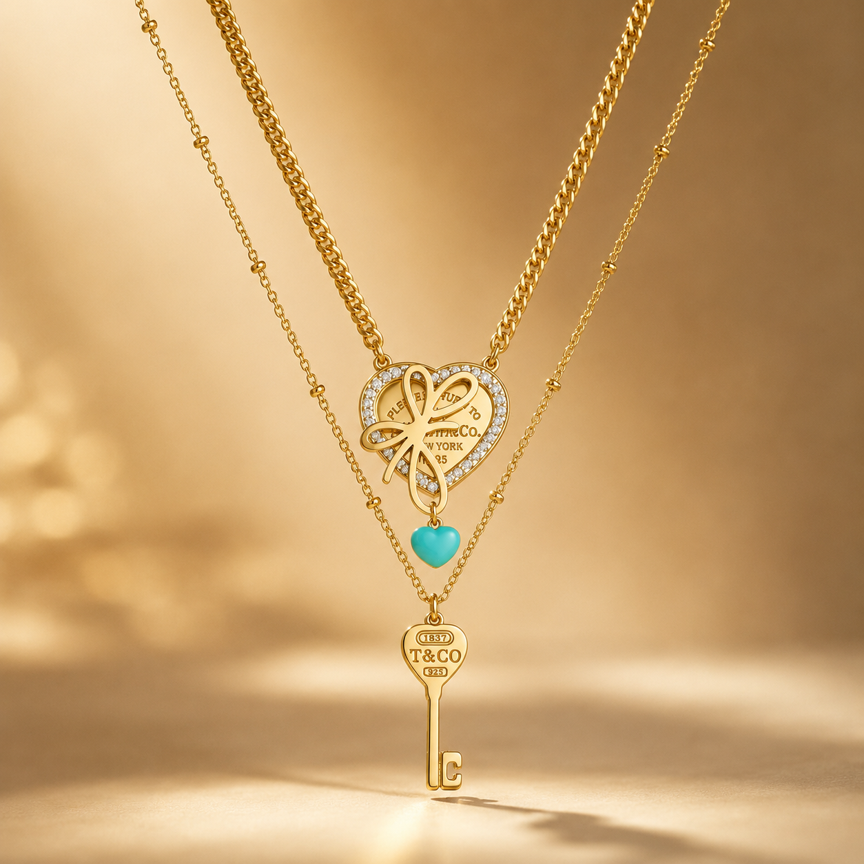 Gold Heart Charm Necklace with Key Pendant