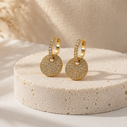 Gold Pavé Disc Huggie Earrings