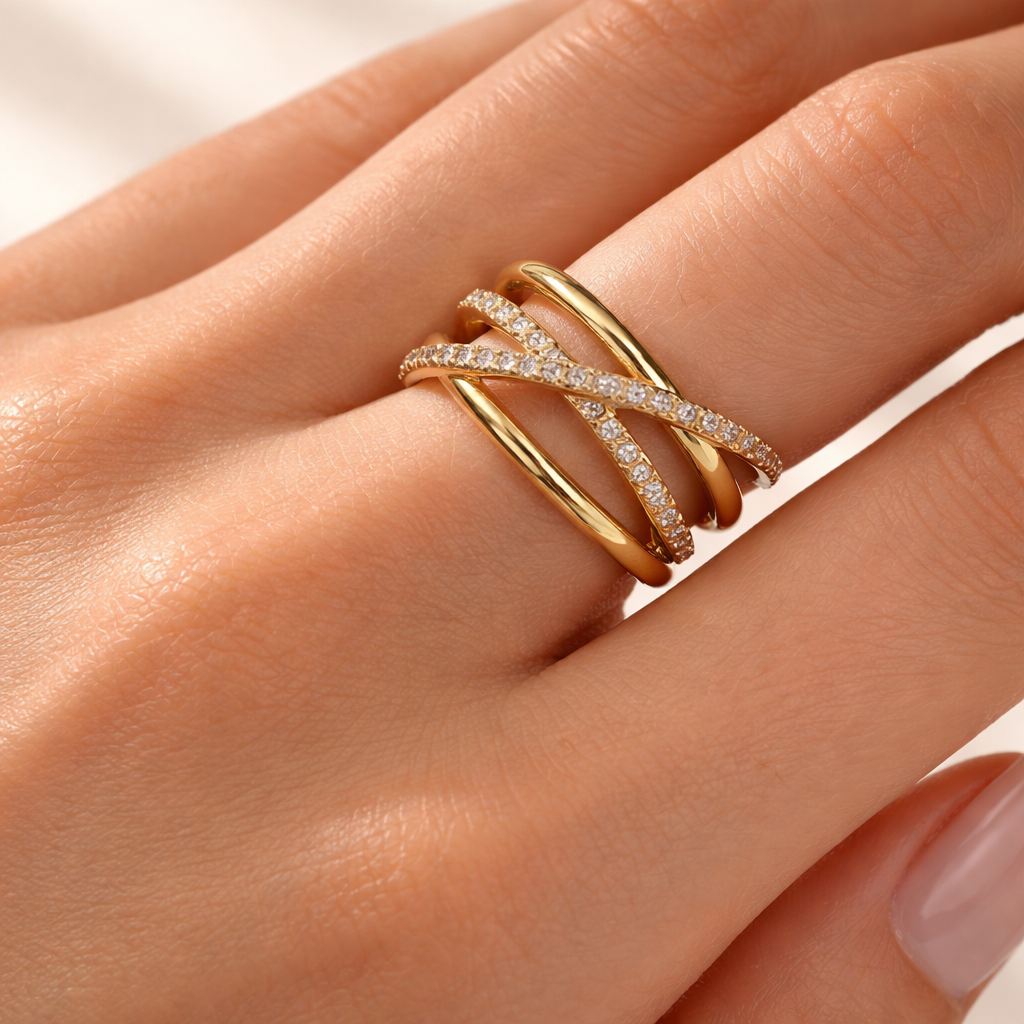 Gold Criss Cross Diamond Pavé Ring