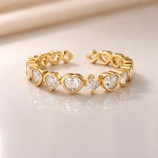 Gold Heart & Crystal Open Band Ring
