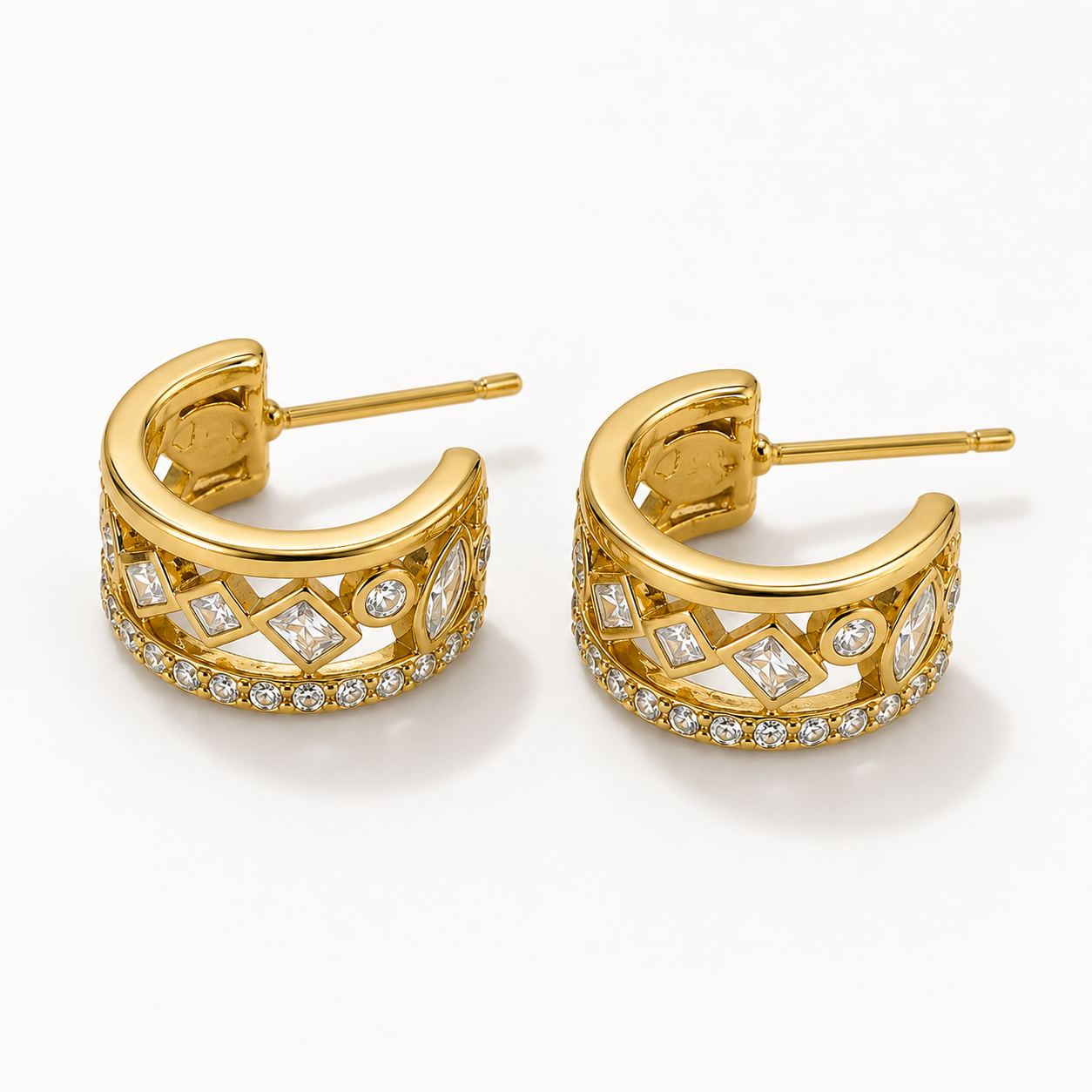 Gold Geometric Crystal Huggie Earrings