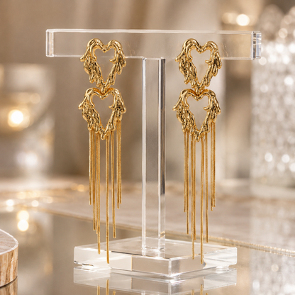 Luxe Heart Tassel Drop Earrings