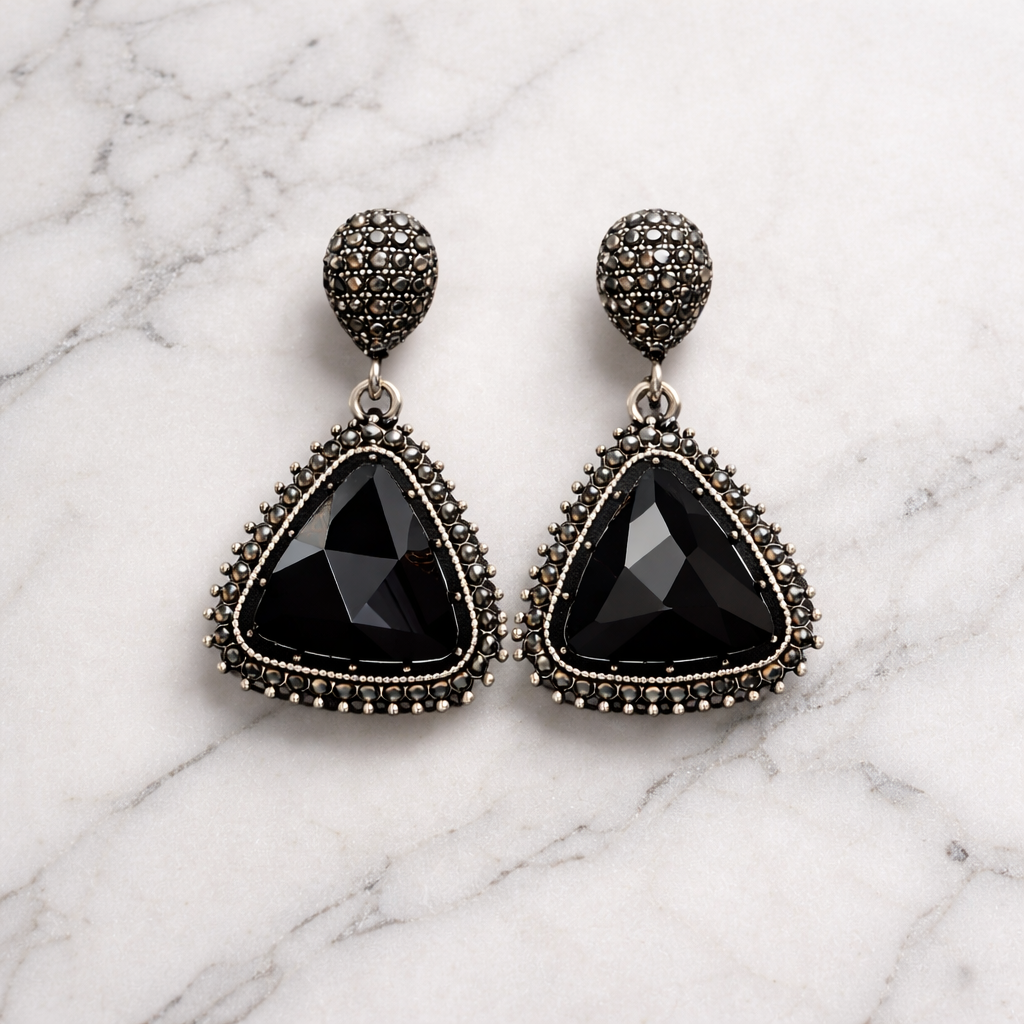 Black Crystal Triangle Drop Earrings