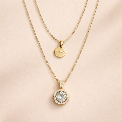 Gold Layered Halo Crystal Pendant Necklace