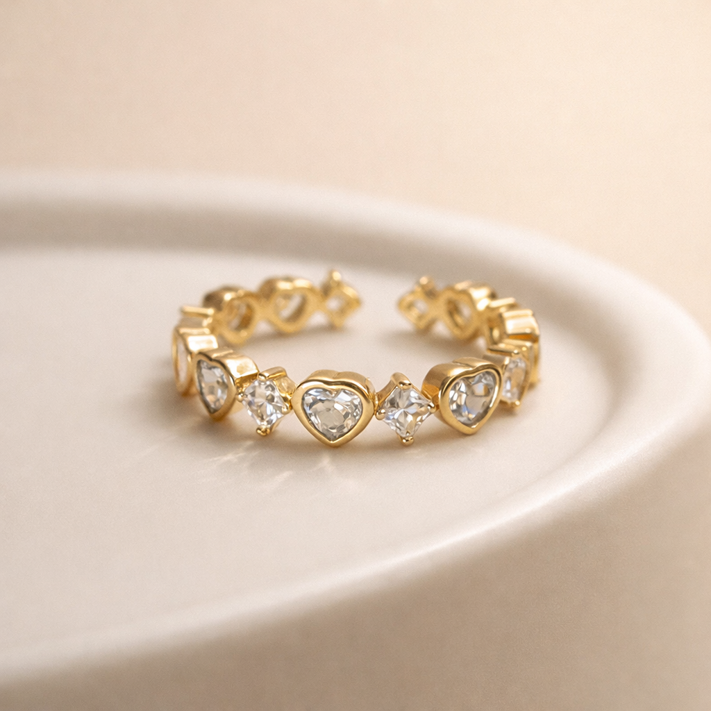 Gold Heart & Crystal Open Band Ring