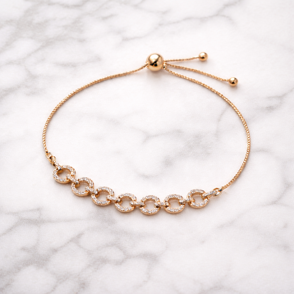 Rose Gold CZ Circle Link Adjustable Bracelet