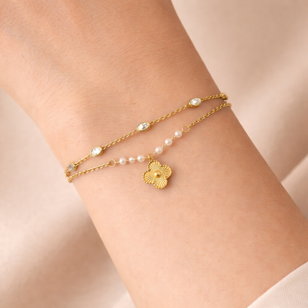 Gold Layered Pearl Flower Charm Bracelet
