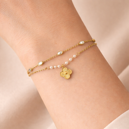 Gold Layered Pearl Flower Charm Bracelet