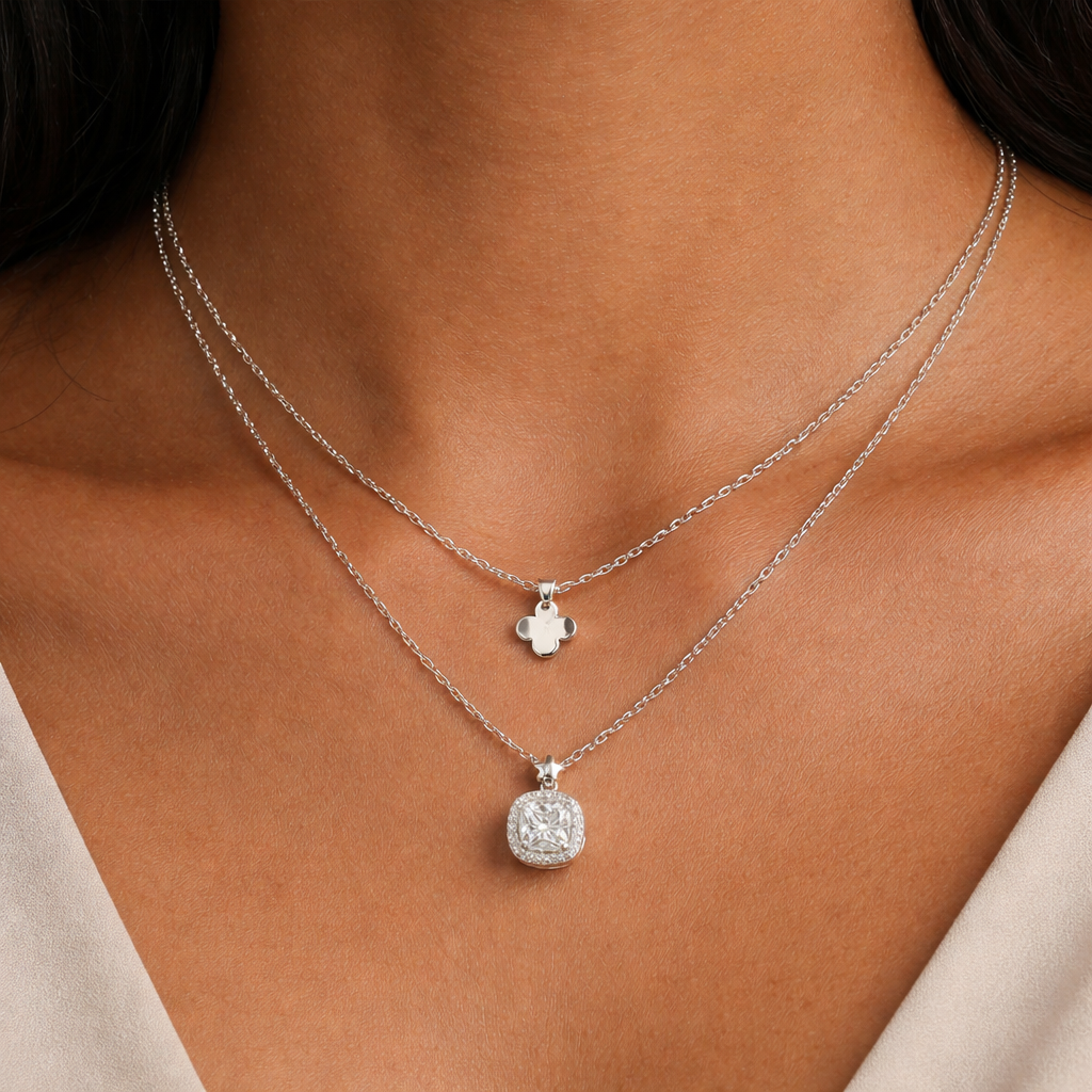 Silver Layered Clover & Crystal Pendant Necklace