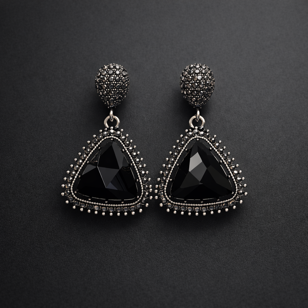 Black Crystal Triangle Drop Earrings