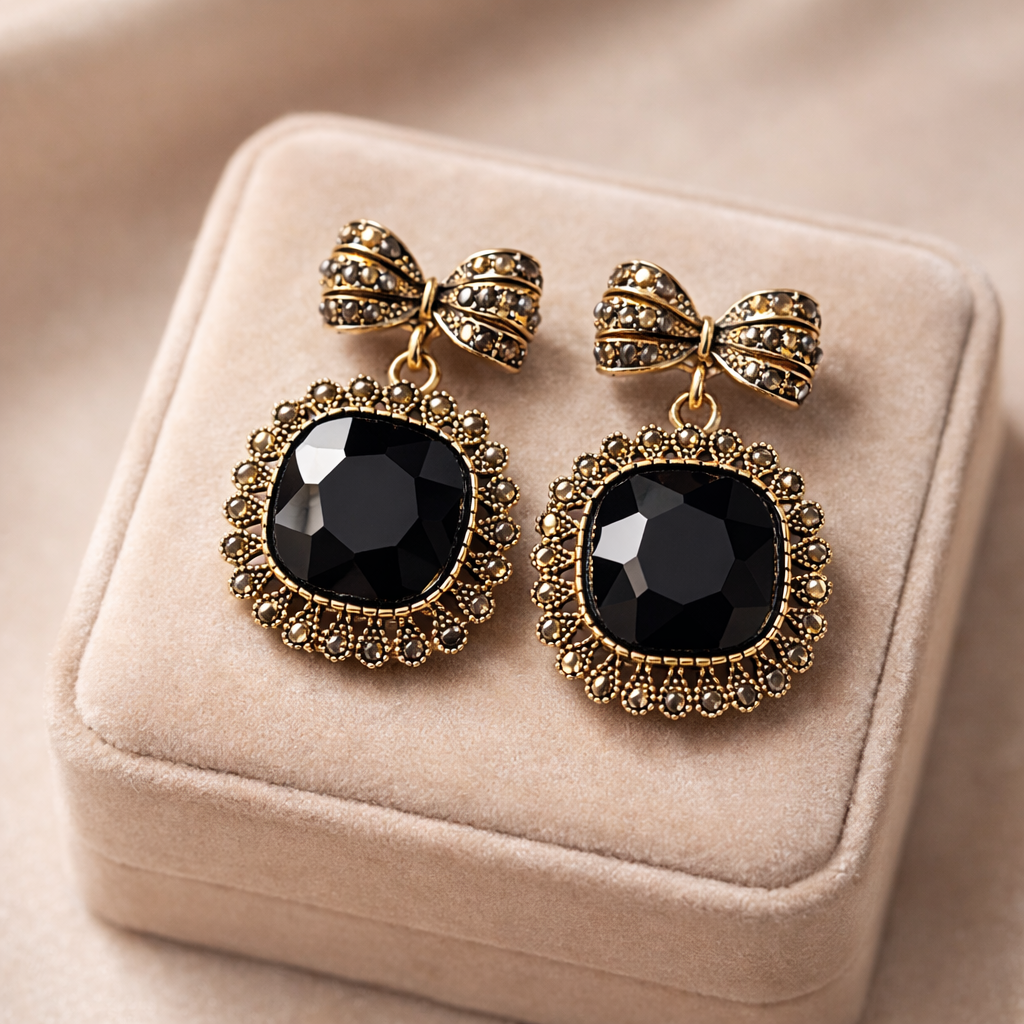 Black Crystal Bow Statement Drop Earrings