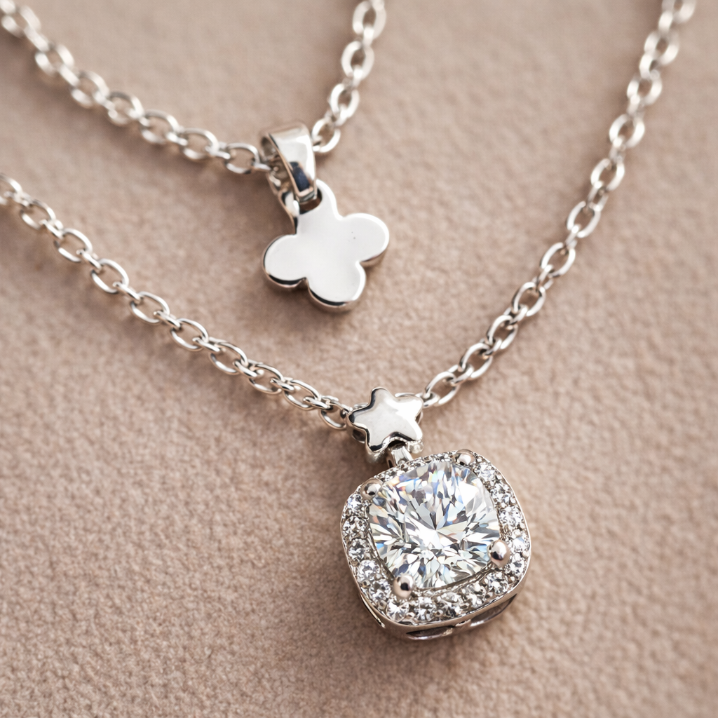 Silver Layered Clover & Crystal Pendant Necklace