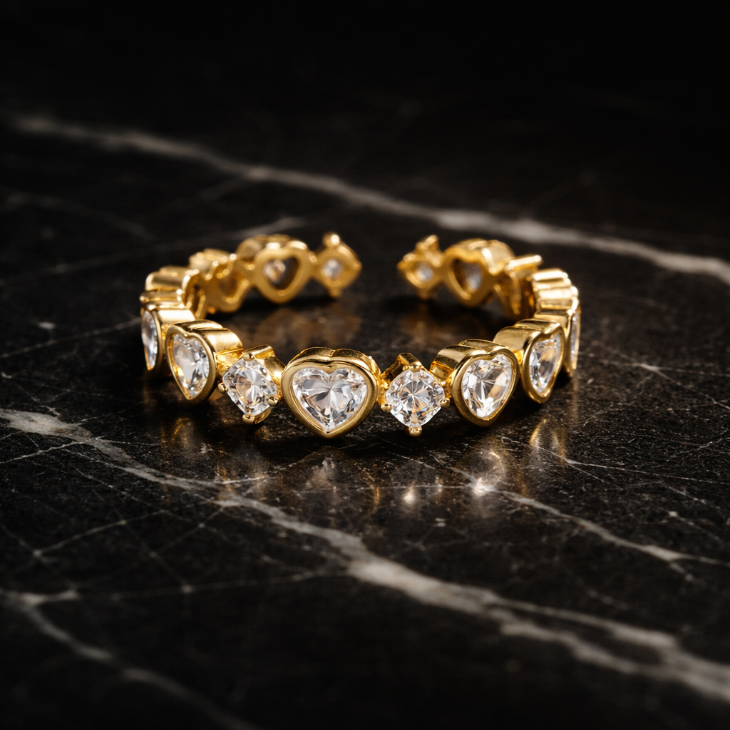 Gold Heart & Crystal Open Band Ring