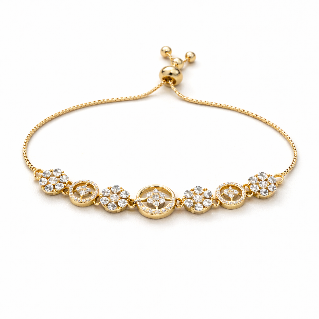 Gold Crystal Floral Charm Adjustable Bracelet