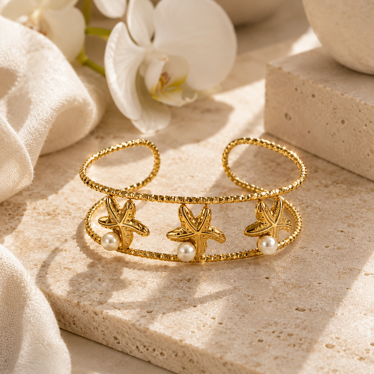 Pearl Starfish Gold Cuff Bracelet