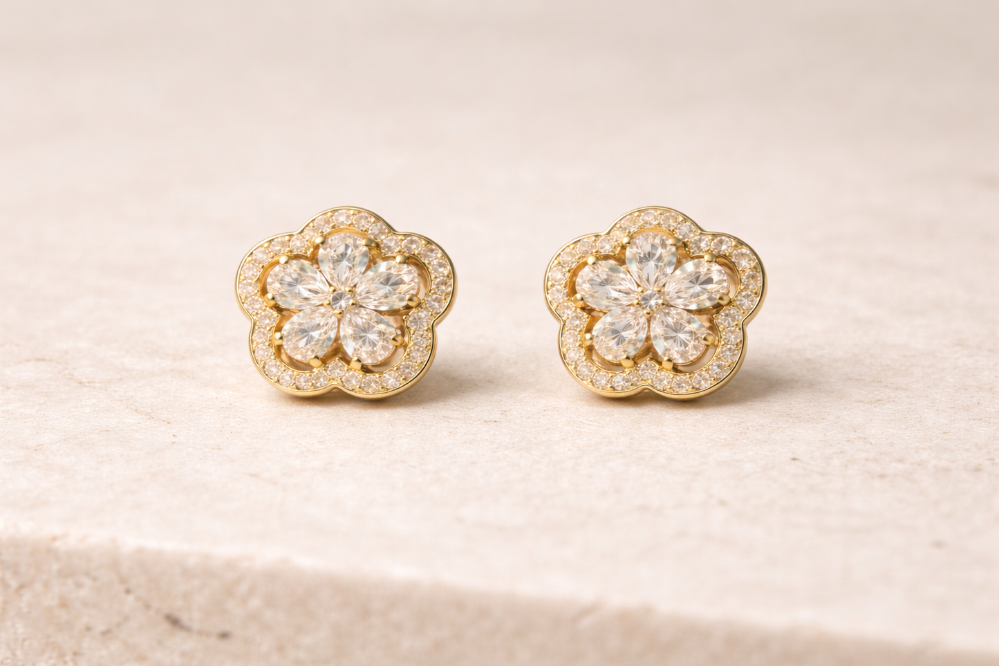 Gold Crystal Flower Stud Earrings