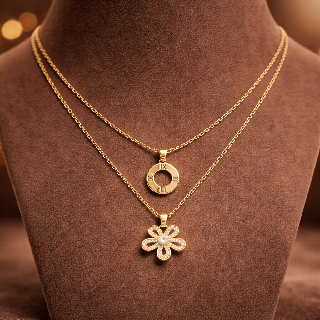 Gold Layered Roman Numeral & Flower Pendant Necklace