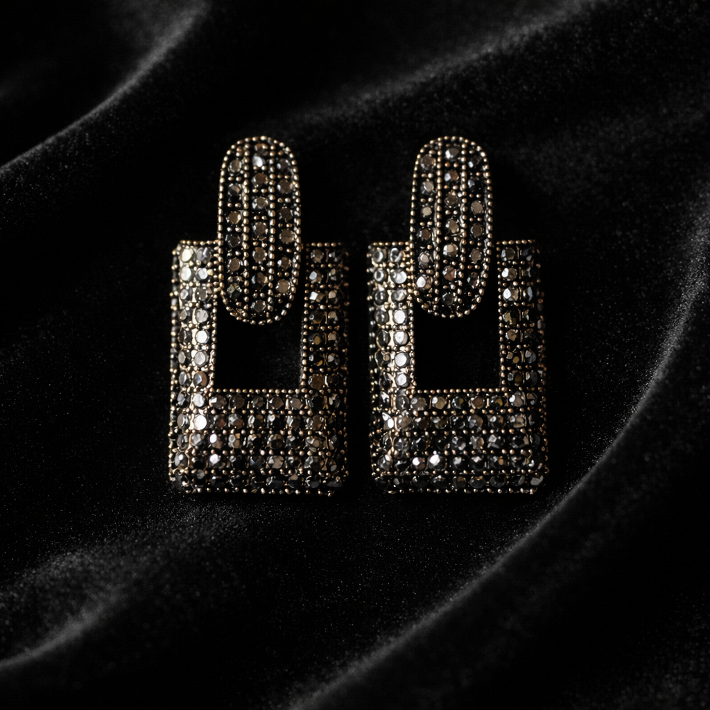 Oxidized Crystal Geometric Square Drop Earrings
