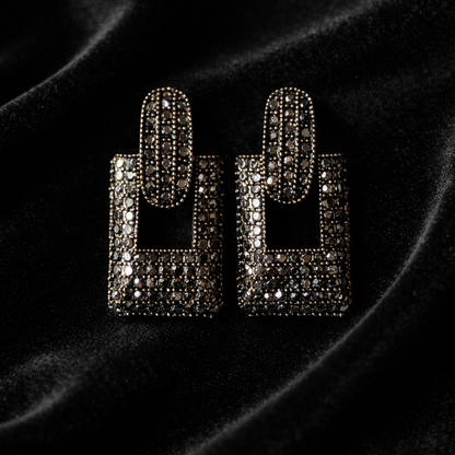 Oxidized Crystal Geometric Square Drop Earrings