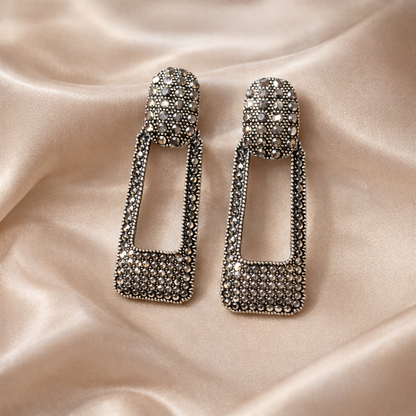 Silver Crystal Hollow Rectangle Earrings