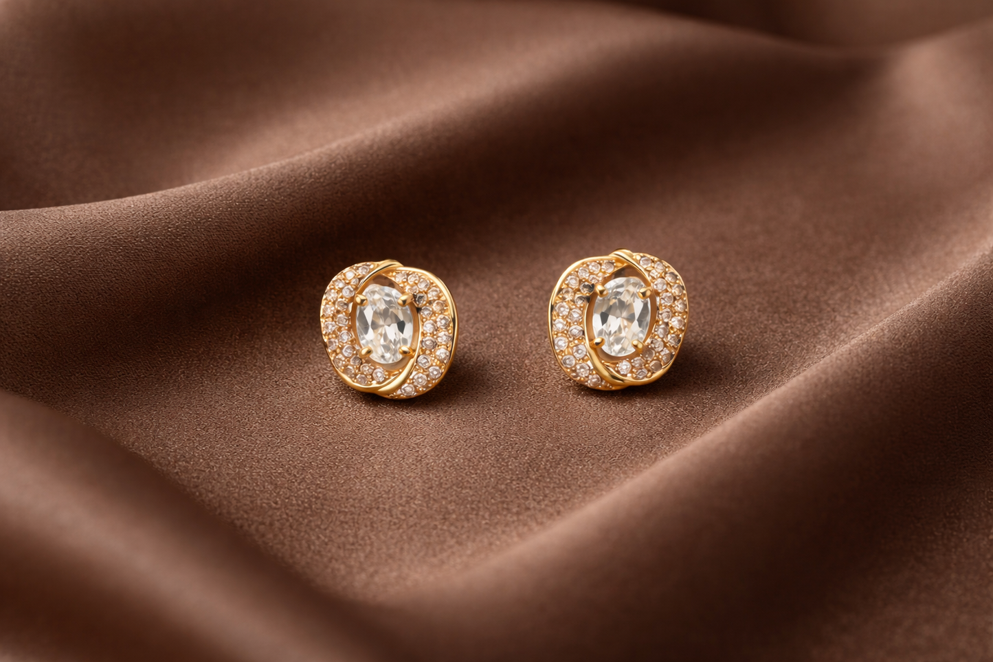 Gold Oval Crystal Halo Stud Earrings