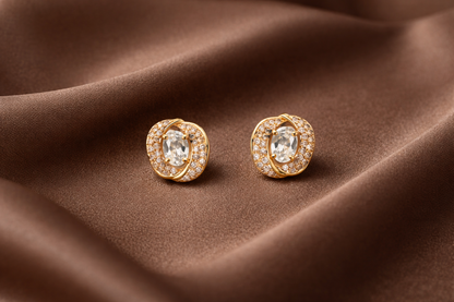 Gold Oval Crystal Halo Stud Earrings