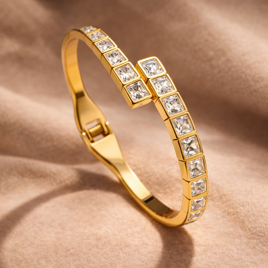 Princess Cut Crystal Gold Bangle