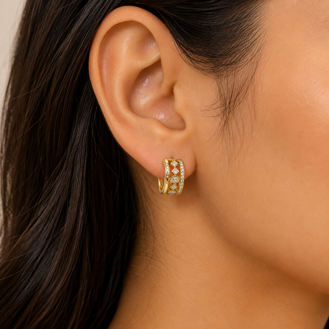 Gold Geometric Crystal Huggie Earrings