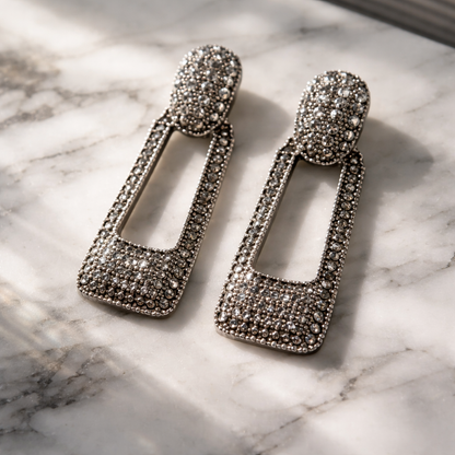 Silver Crystal Hollow Rectangle Earrings