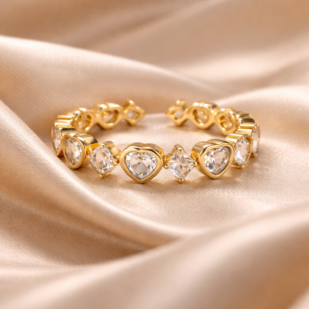 Gold Heart & Crystal Open Band Ring