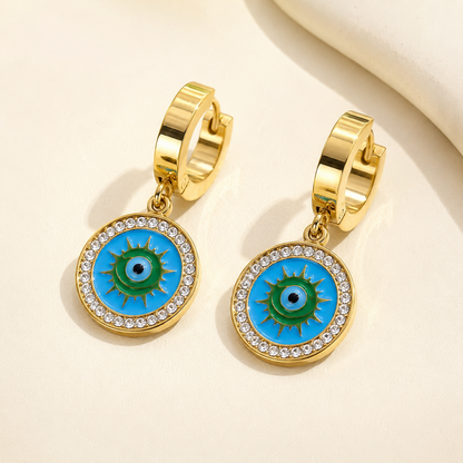 Gold Evil Eye Charm Huggie Earrings