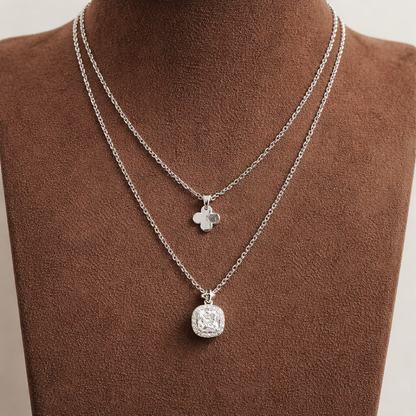 Silver Layered Clover & Crystal Pendant Necklace