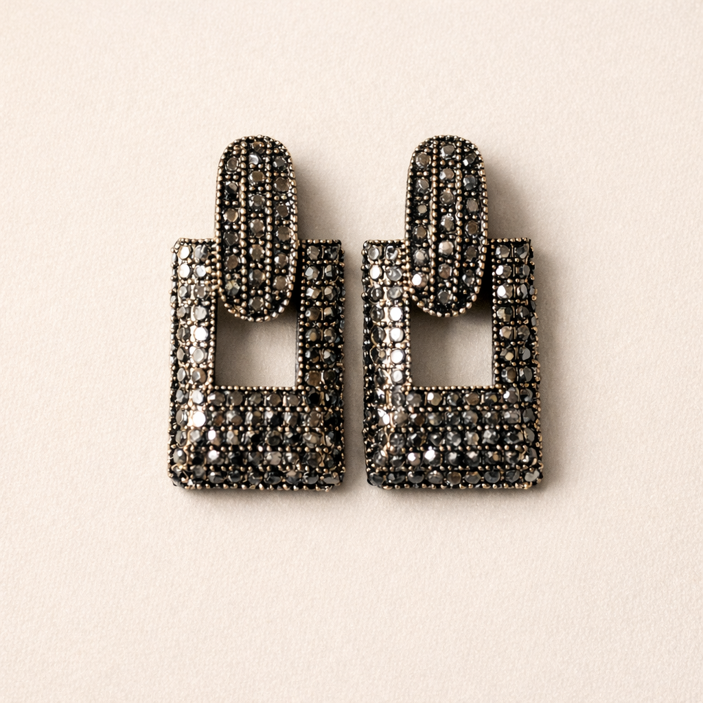 Oxidized Crystal Geometric Square Drop Earrings
