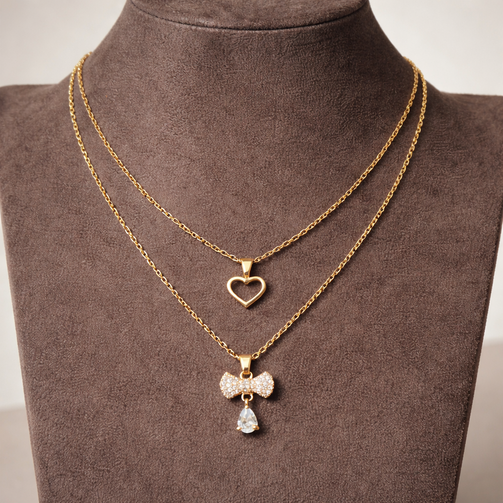 Layered Gold Heart & Bow Charm Necklace