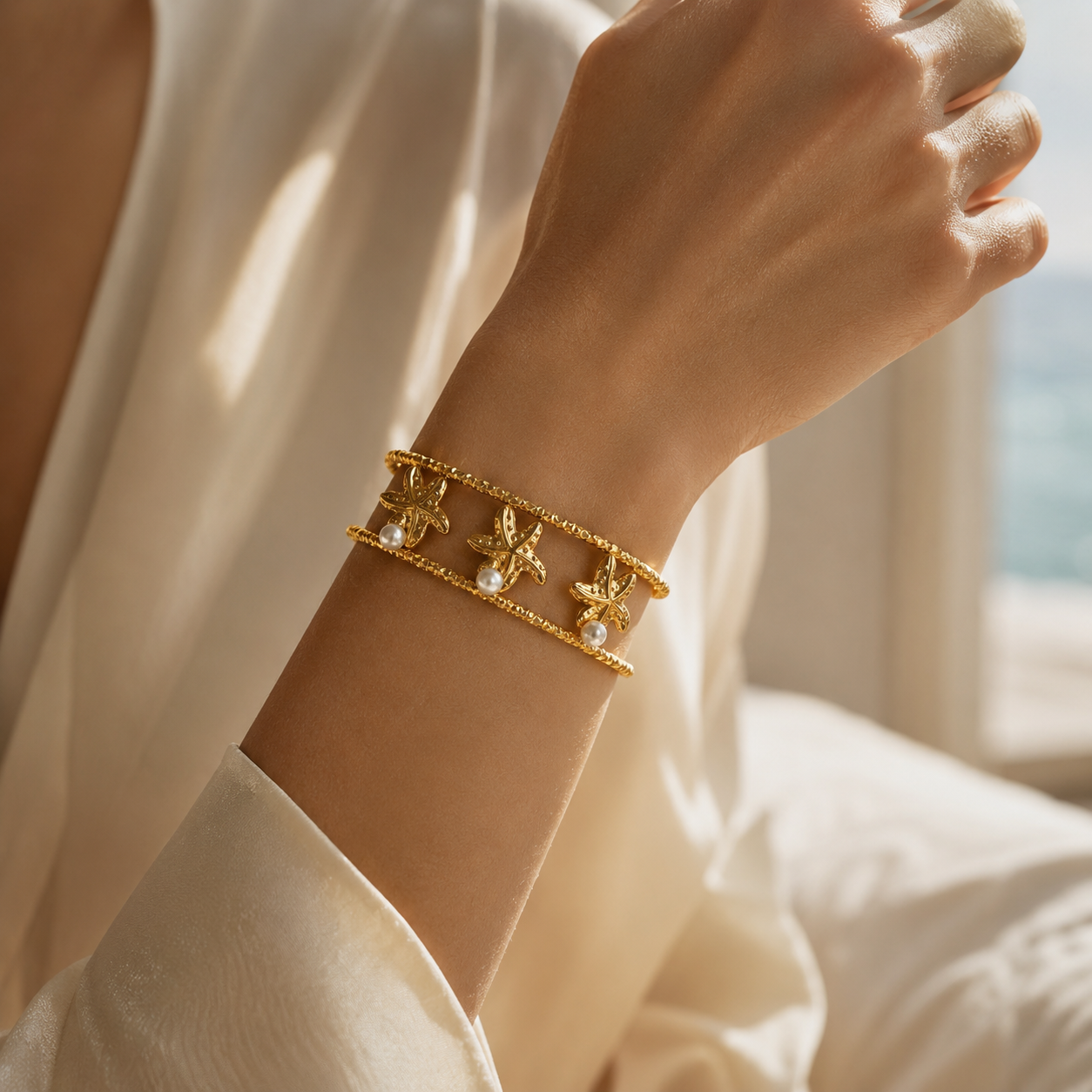Pearl Starfish Gold Cuff Bracelet