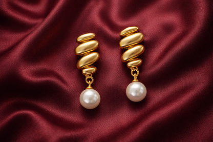 Gold Wing Pearl Drop Stud Earrings