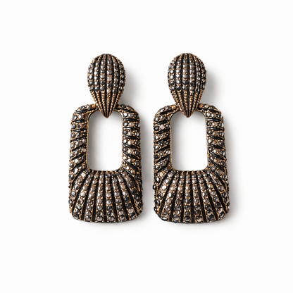 Oxidized Black Crystal Hollow Rectangle Drop Earrings