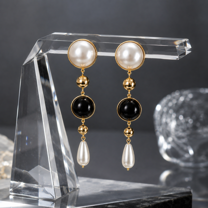 Pearl & Black Stone Drop Earrings