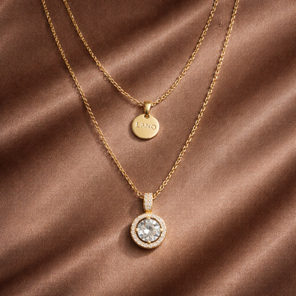 Gold Layered Halo Crystal Pendant Necklace