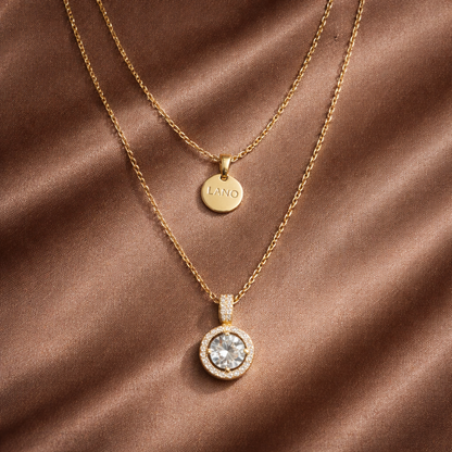 Gold Layered Halo Crystal Pendant Necklace