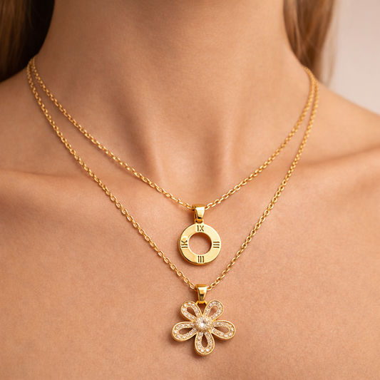 Gold Layered Roman Numeral & Flower Pendant Necklace
