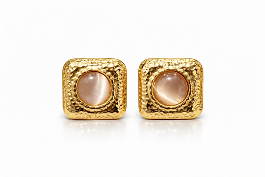 Gold Square Stone Statement Stud Earrings