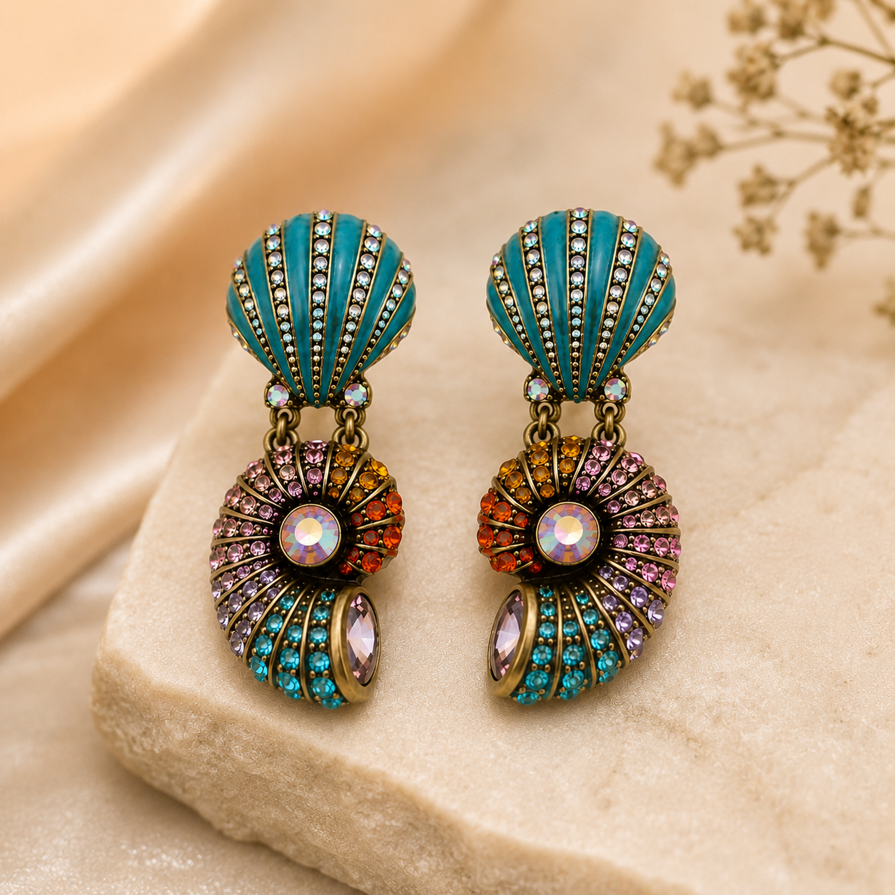 Ocean Crystal Seashell Drop Earrings