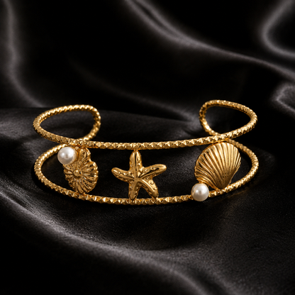 Pearl Seashell Starfish Gold Cuff Bracelet