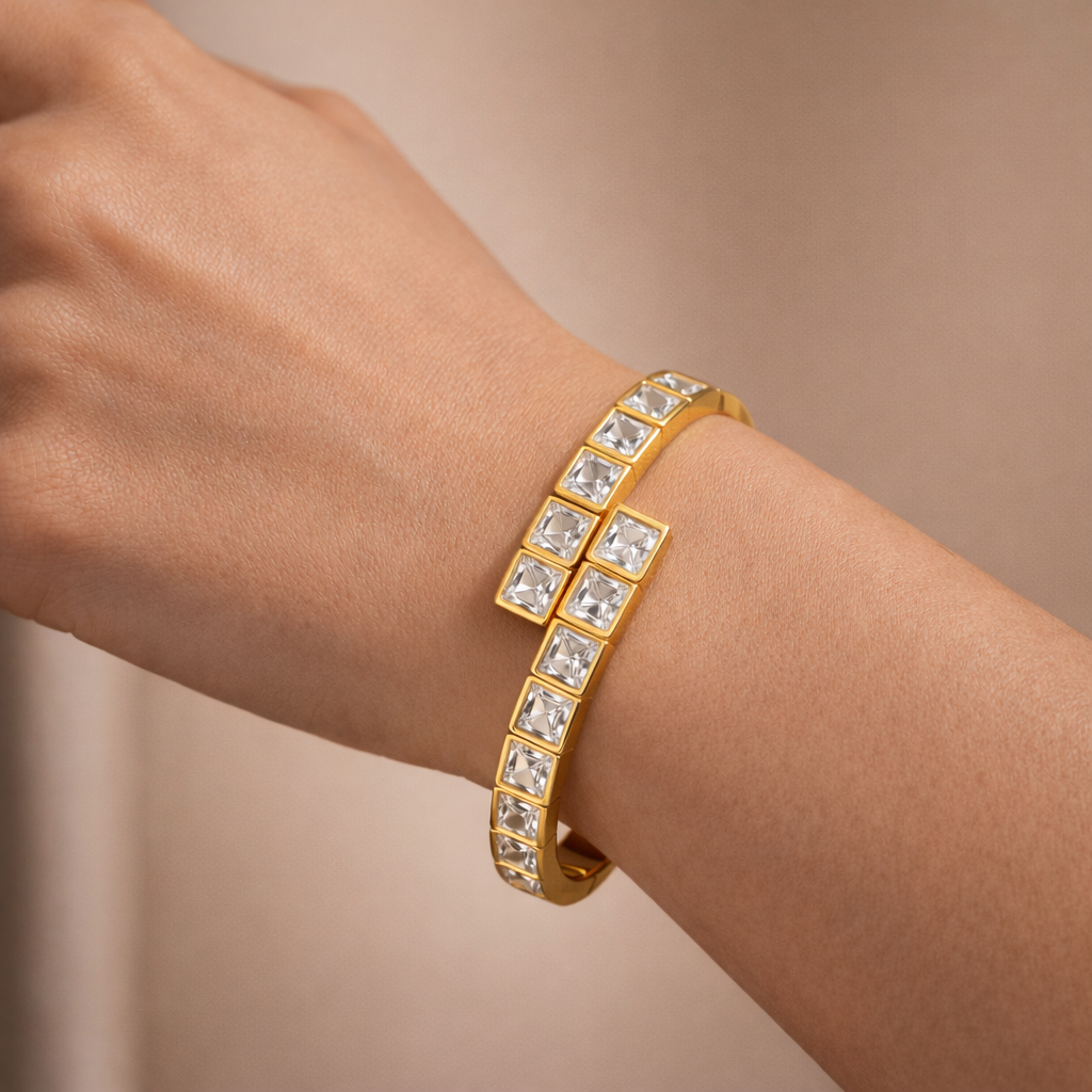 Princess Cut Crystal Gold Bangle