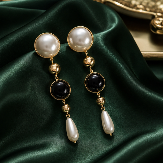 Pearl & Black Stone Drop Earrings