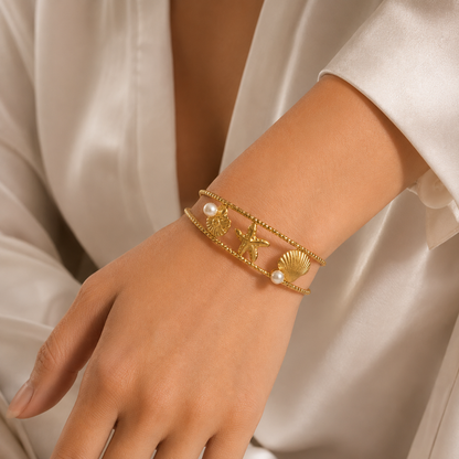Pearl Seashell Starfish Gold Cuff Bracelet