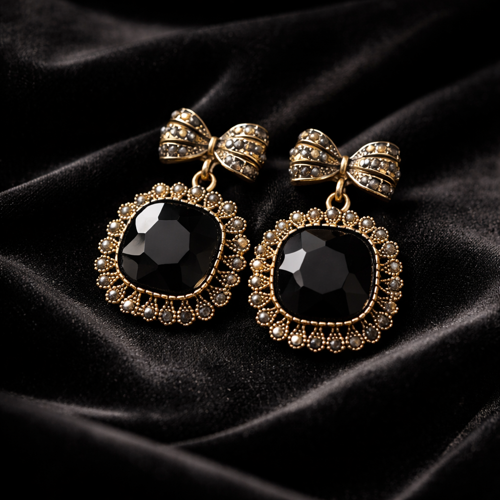 Black Crystal Bow Statement Drop Earrings
